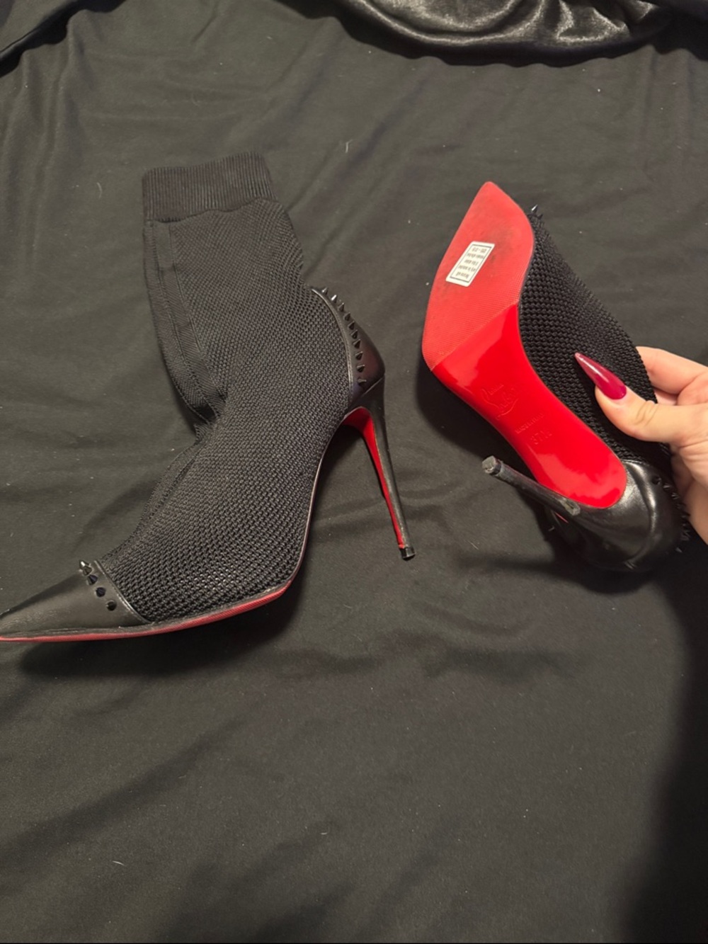 Christian Louboutin Black Knit Sock Stiletto Booties with Red Soles
